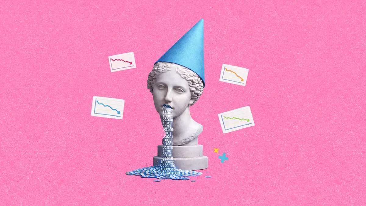 A classical marble bust wearing a blue party hat with binary digits spilling from its mouth, surrounded by declining line charts on a pink background