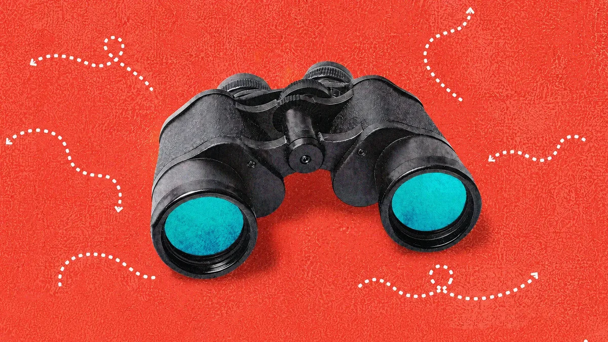 A pair of black binoculars with teal lenses on a textured red background, ringed by white dotted arrow trails