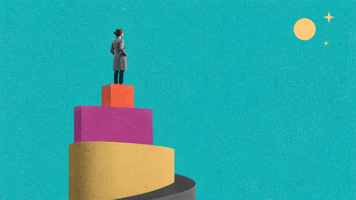 A figure in a long coat and top hat standing atop a tiered cake-like podium against a teal background with a small moon and stars