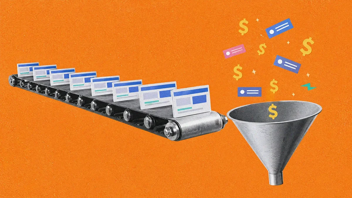 A conveyor belt feeding browser-window ads into a metal funnel with dollar signs and price tags floating above on an orange background
