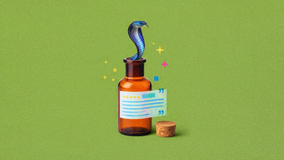 A cobra rising from an open apothecary bottle labelled with a starred review card on a green background