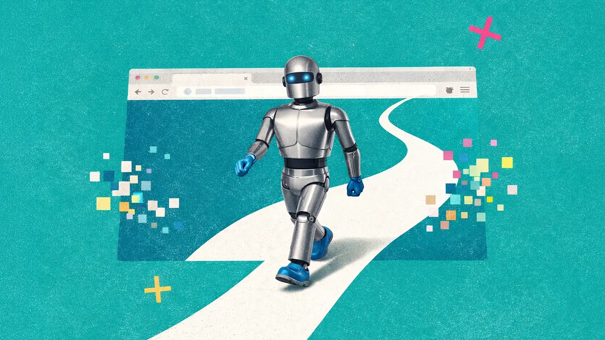 A humanoid robot walking down a winding path away from a browser window, surrounded by scattered pixels and plus signs on a teal background
