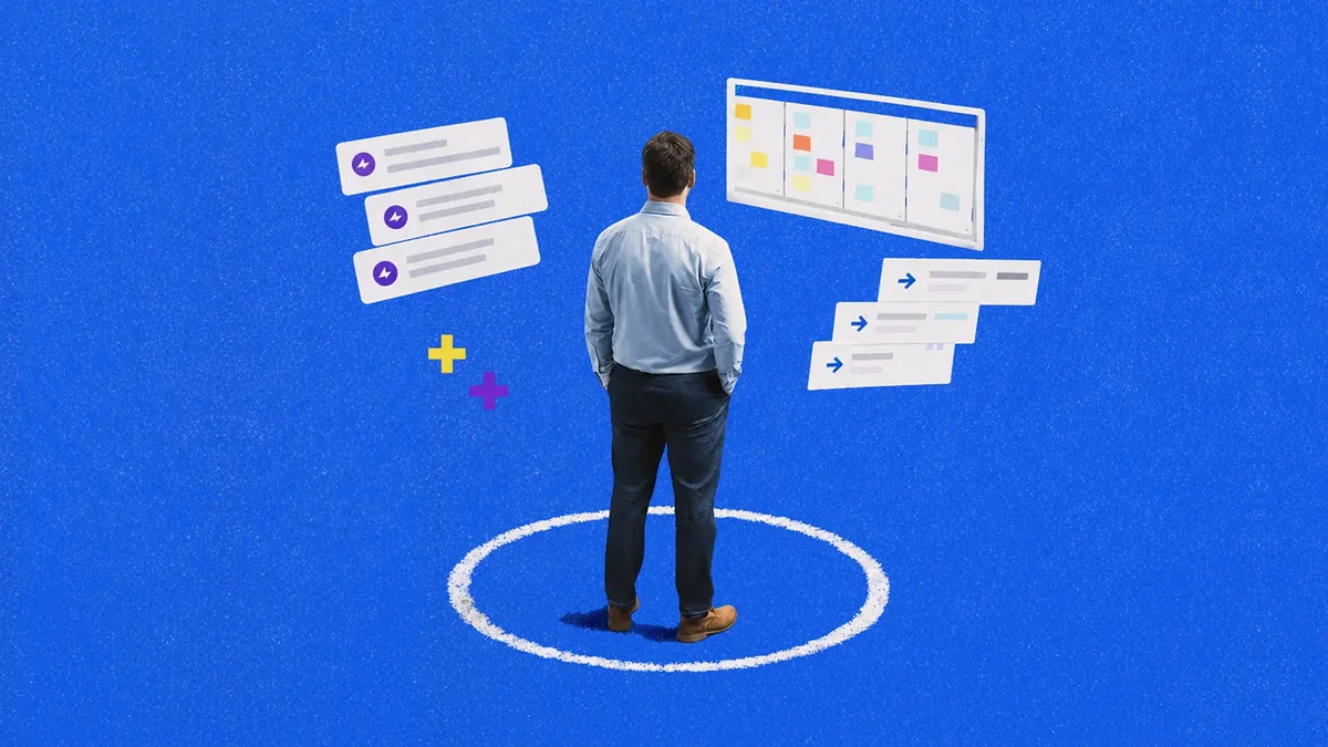A person standing inside a chalk circle on a blue textured background, surrounded by floating kanban board and UI panels