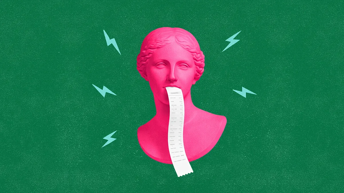 A pink classical bust with a long receipt spooling from its mouth, surrounded by lightning bolt icons on a green background