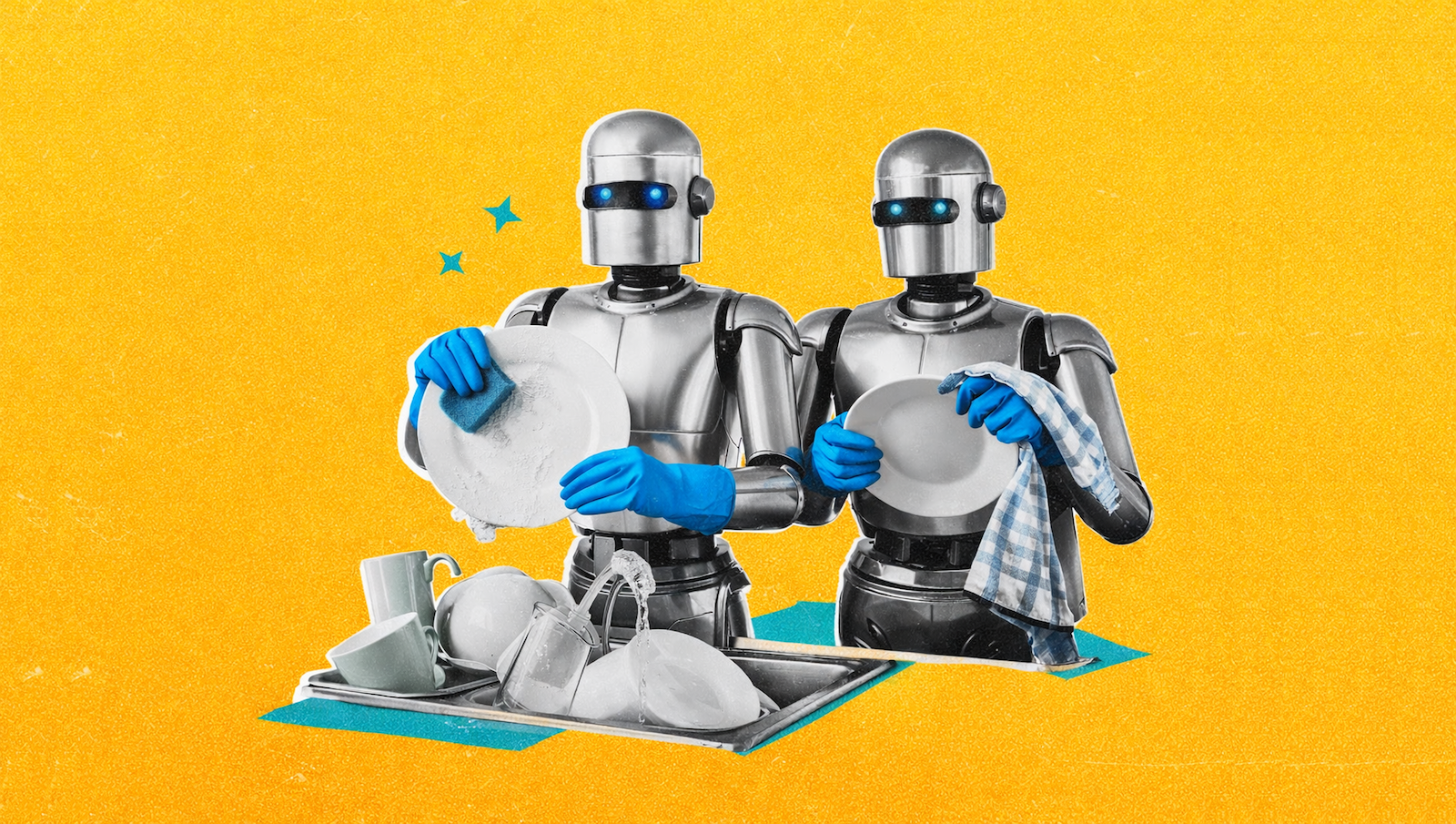 Two retro-style robots doing the dishes