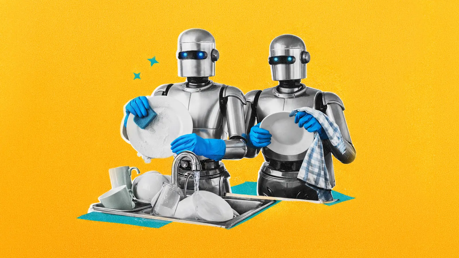 Two retro-style robots doing the dishes