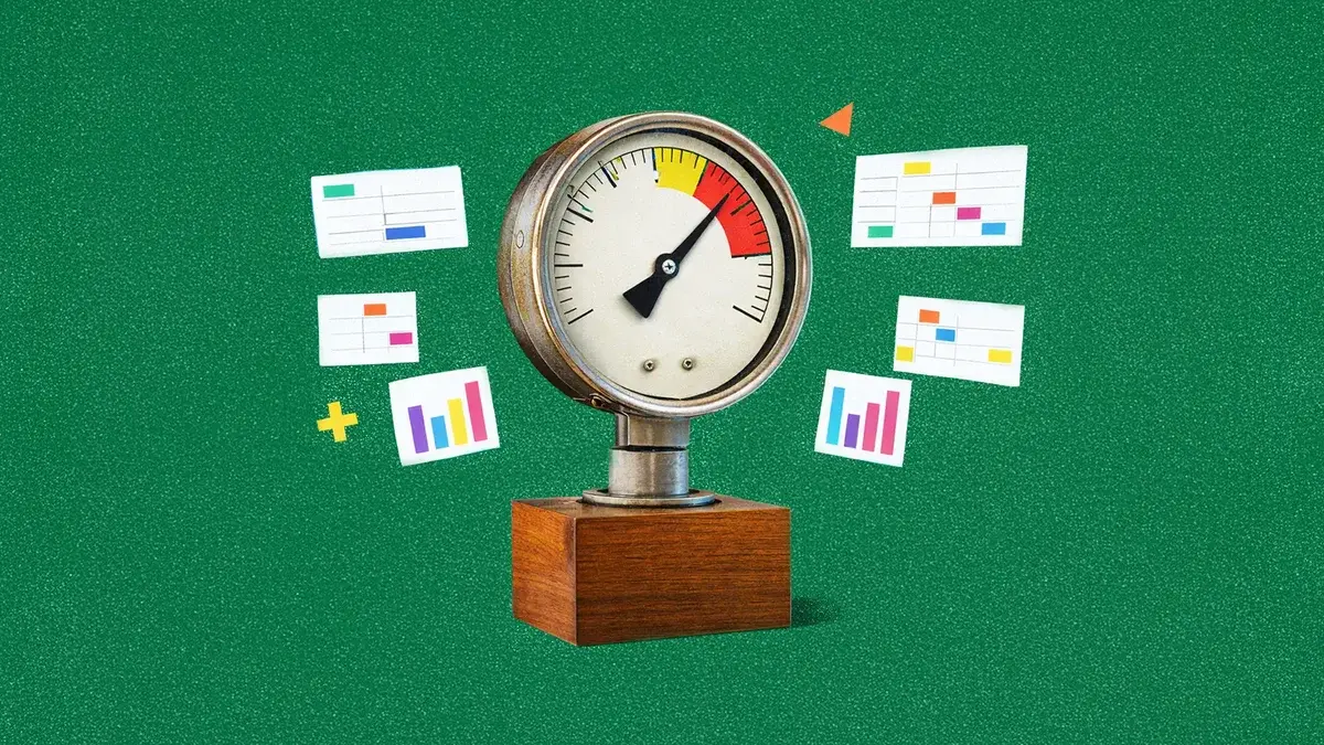 A vintage pressure gauge on a wooden plinth surrounded by floating chart and dashboard cards on a green background