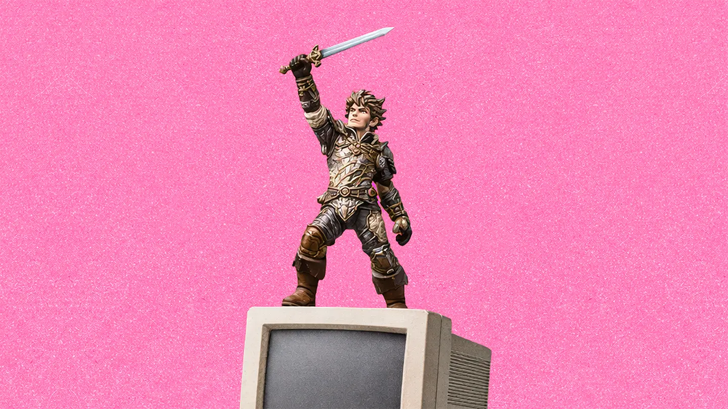 A heroic warrior action figure standing atop an old CRT computer monitor, brandishing a sword aloft, on a pink background