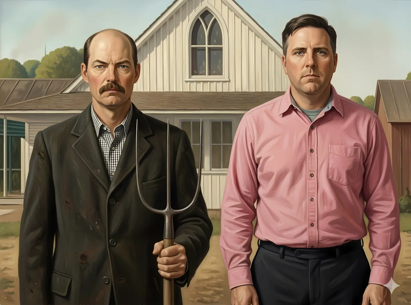 Garrett and Iain American Gothic style