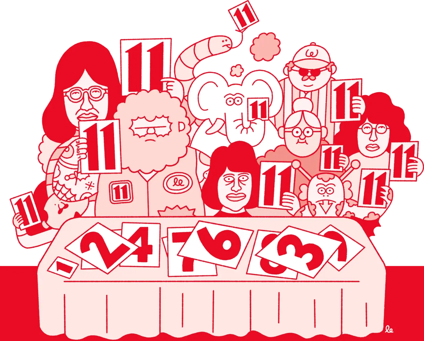 A playful, hand-drawn illustration of a group of characters holding up scorecards with the number ‘11’. They sit behind a table scattered with various other numbers.