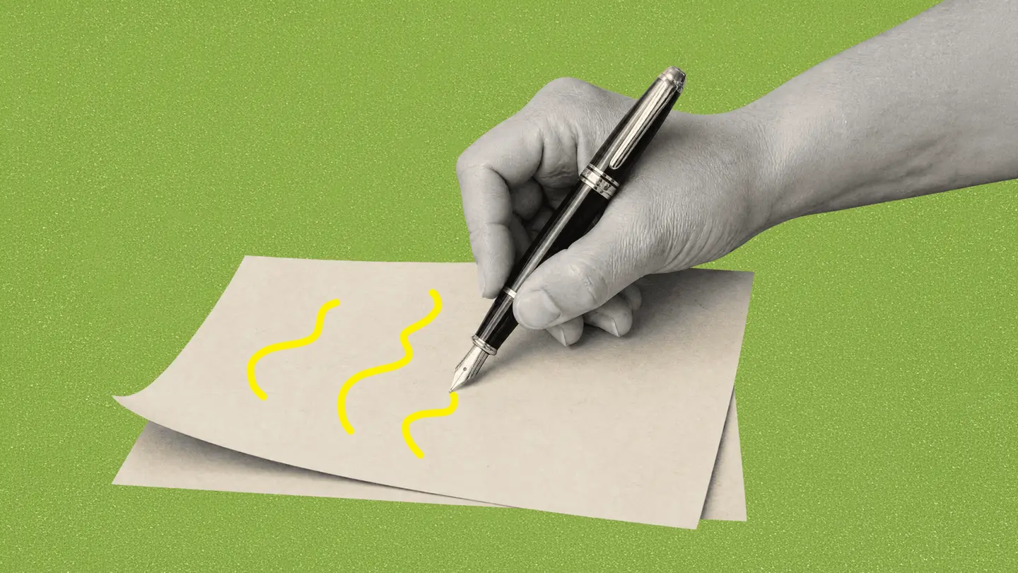 A hand holding a fountain pen drawing squiggles on a sheet of paper, on a light green background