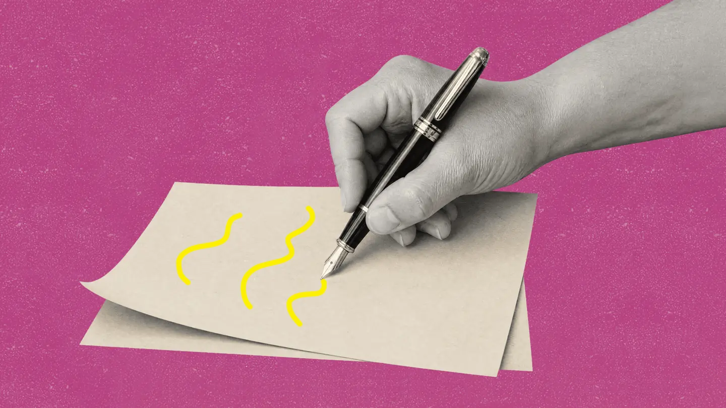 A hand holding a fountain pen drawing squiggles on a sheet of paper, on a purple background